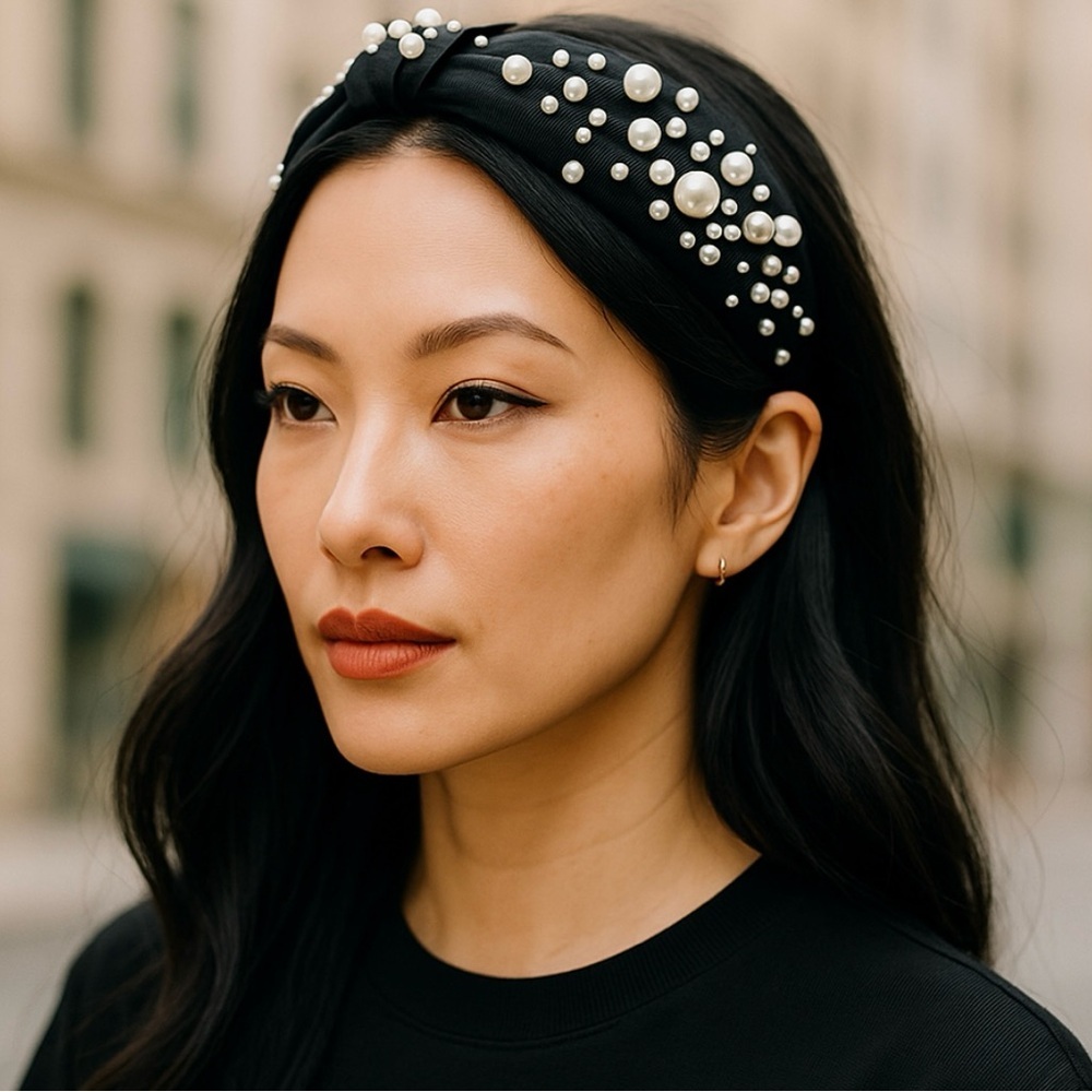 Pearl-Embellished Black Headband